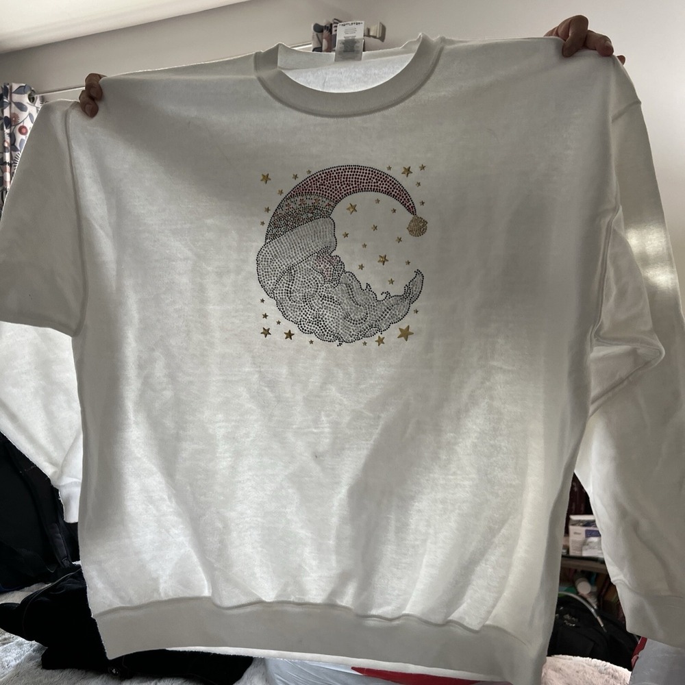 Rhinestone Crescent Moon Santa Beard Christmass Holiday Long Sleeves T Shirt